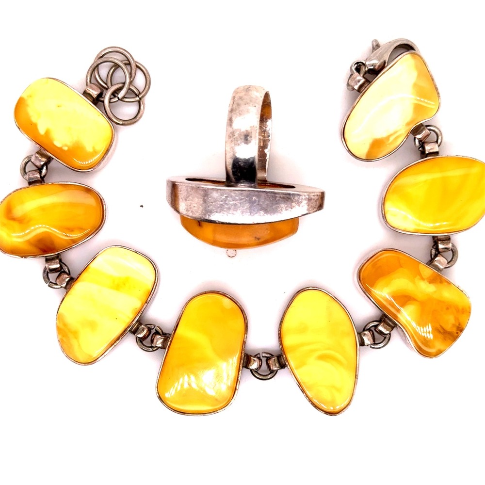 Vintage Butterscotch Amber Silver Tone Bracelet and Ring Set Size 7 8in